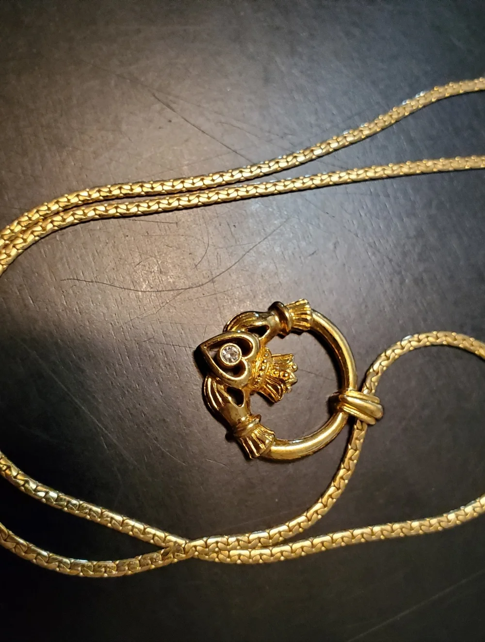 Faux Gold Claddagh Pendant Necklace with Heart and‎ Clear Stone